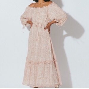 Cleobella Saige Ankle Pink Off-Shoulder poof sleeve ruffle Easter dress Spring